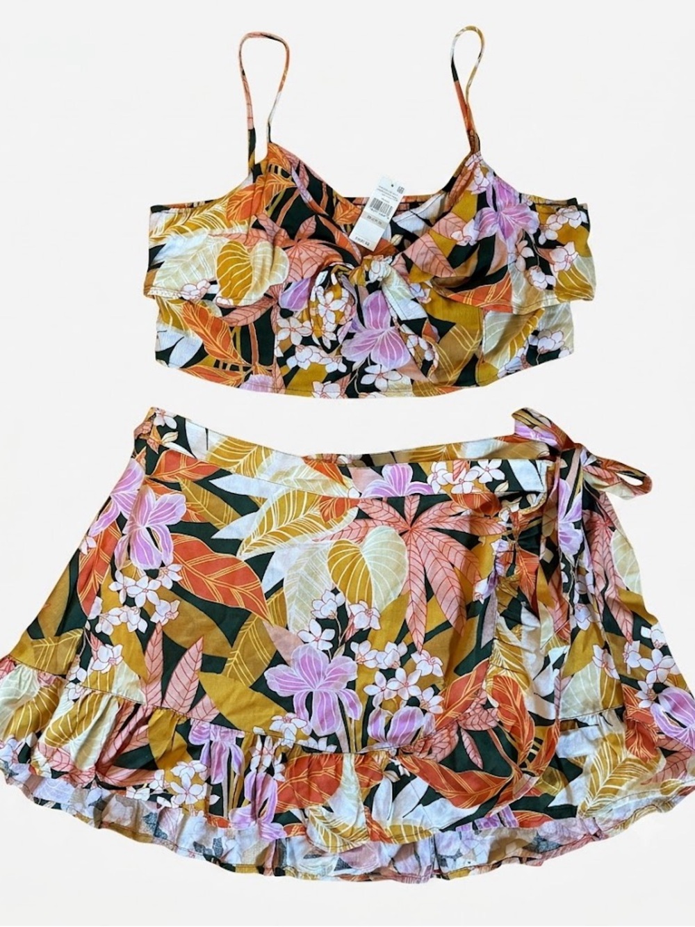 NWT Aerie Skirt & Top Set Floral Wrap Orange/Pink Size XXL Linen Blend Tropical